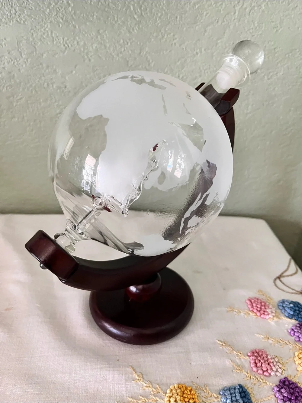 Vintage Glass Globe Ship Decanter on Wooden Stand Frosted World Map Barware